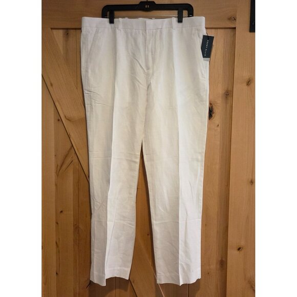 New! Perry Ellis Men's Dress Pants 36x30 Bright White Flat Front Linen Blend - Picture 1 of 15